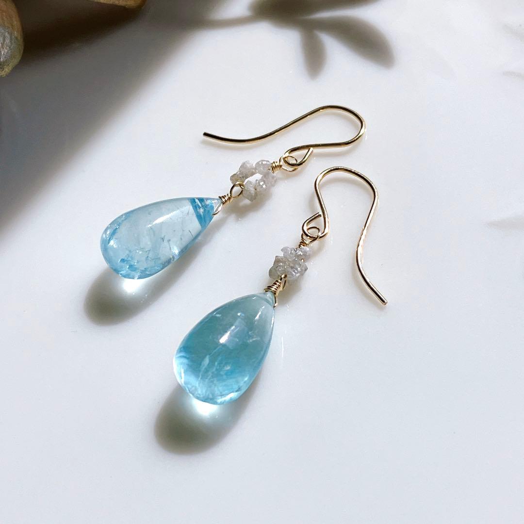 t ama◆オールドストック 大粒アクアマリンピアス✧ホワイトダイヤモンド