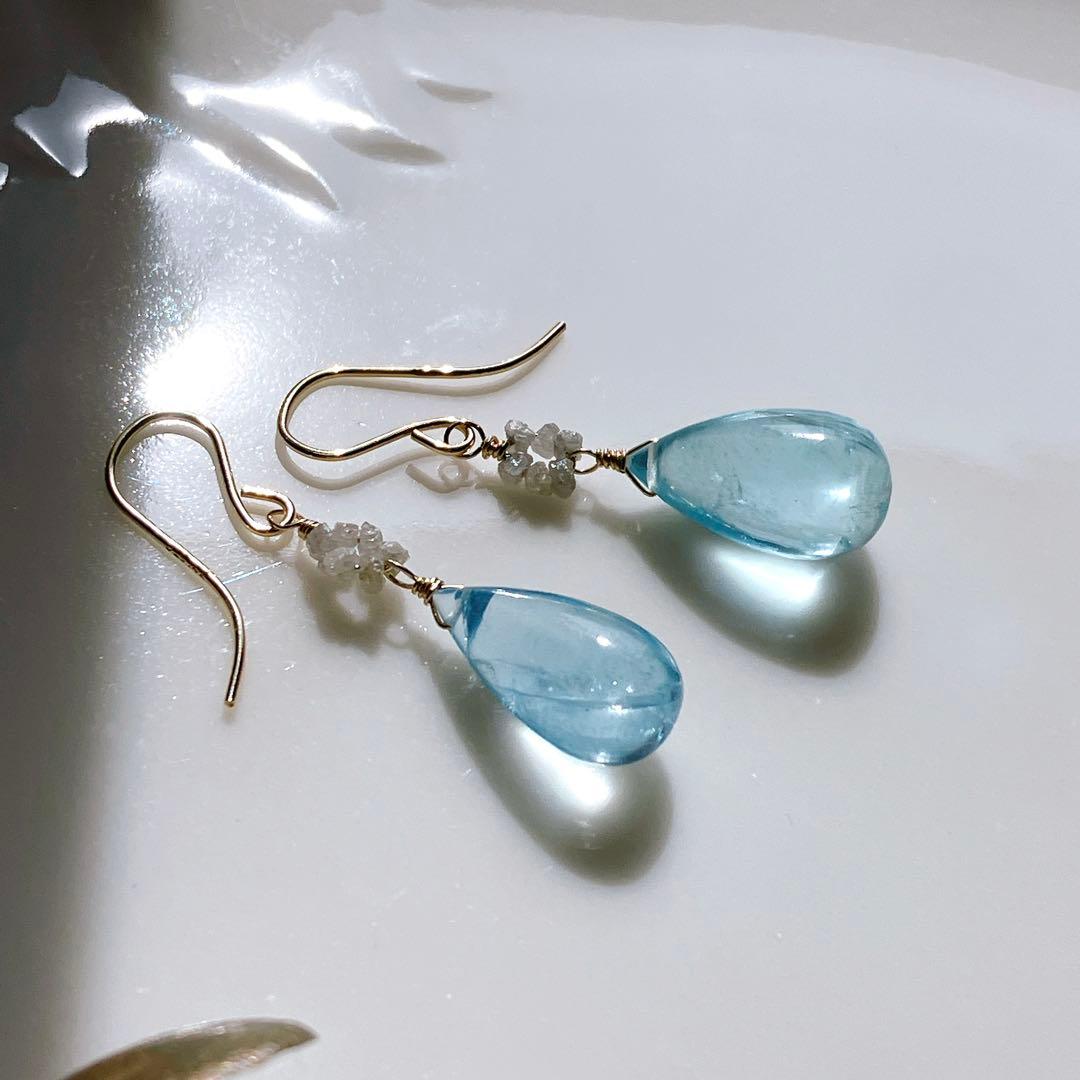 t ama◆オールドストック 大粒アクアマリンピアス✧ホワイトダイヤモンド