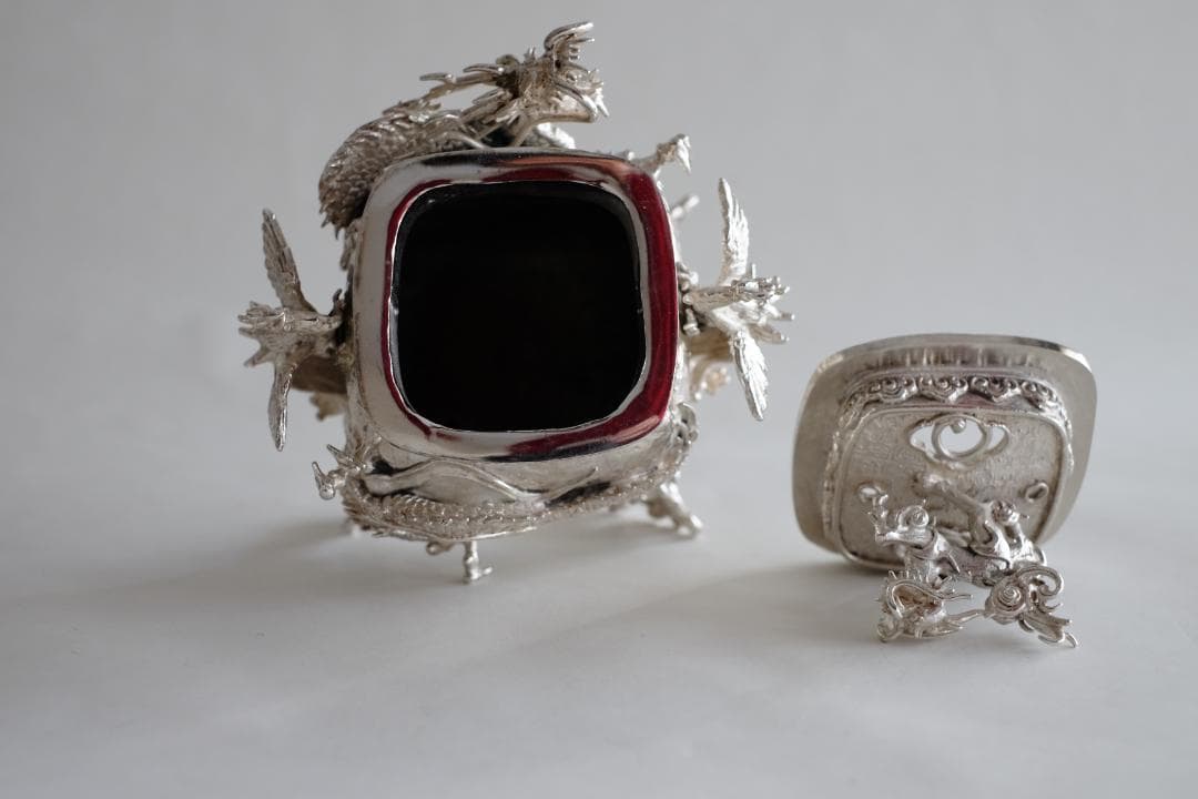 高岡銅器 須賀月芳作 洋銀 龍紋鳳凰耳青龍摘香炉 証書 共箱