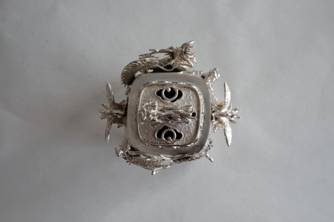 高岡銅器 須賀月芳作 洋銀 龍紋鳳凰耳青龍摘香炉 証書 共箱