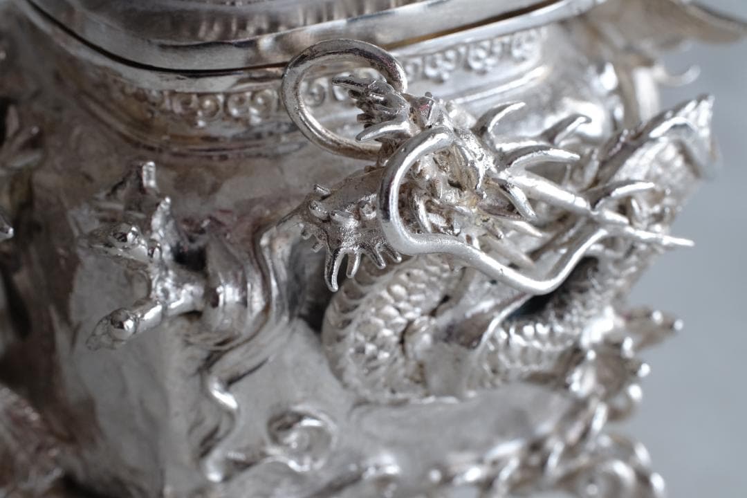 高岡銅器 須賀月芳作 洋銀 龍紋鳳凰耳青龍摘香炉 証書 共箱