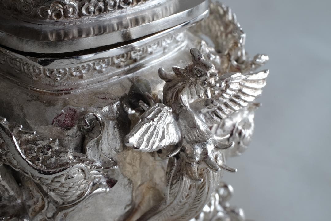 高岡銅器 須賀月芳作 洋銀 龍紋鳳凰耳青龍摘香炉 証書 共箱