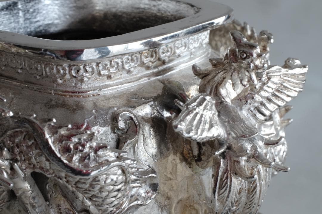 高岡銅器 須賀月芳作 洋銀 龍紋鳳凰耳青龍摘香炉 証書 共箱