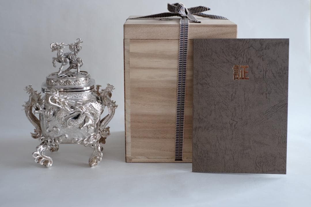 高岡銅器 須賀月芳作 洋銀 龍紋鳳凰耳青龍摘香炉 証書 共箱