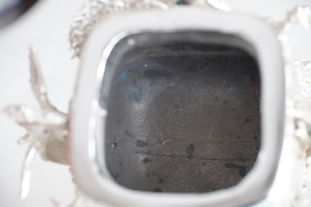 高岡銅器 須賀月芳作 洋銀 龍紋鳳凰耳青龍摘香炉 証書 共箱