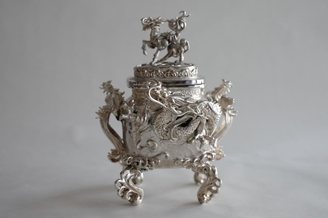 高岡銅器 須賀月芳作 洋銀 龍紋鳳凰耳青龍摘香炉 証書 共箱