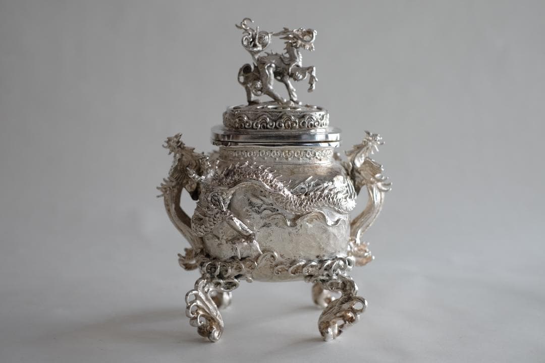 高岡銅器 須賀月芳作 洋銀 龍紋鳳凰耳青龍摘香炉 証書 共箱