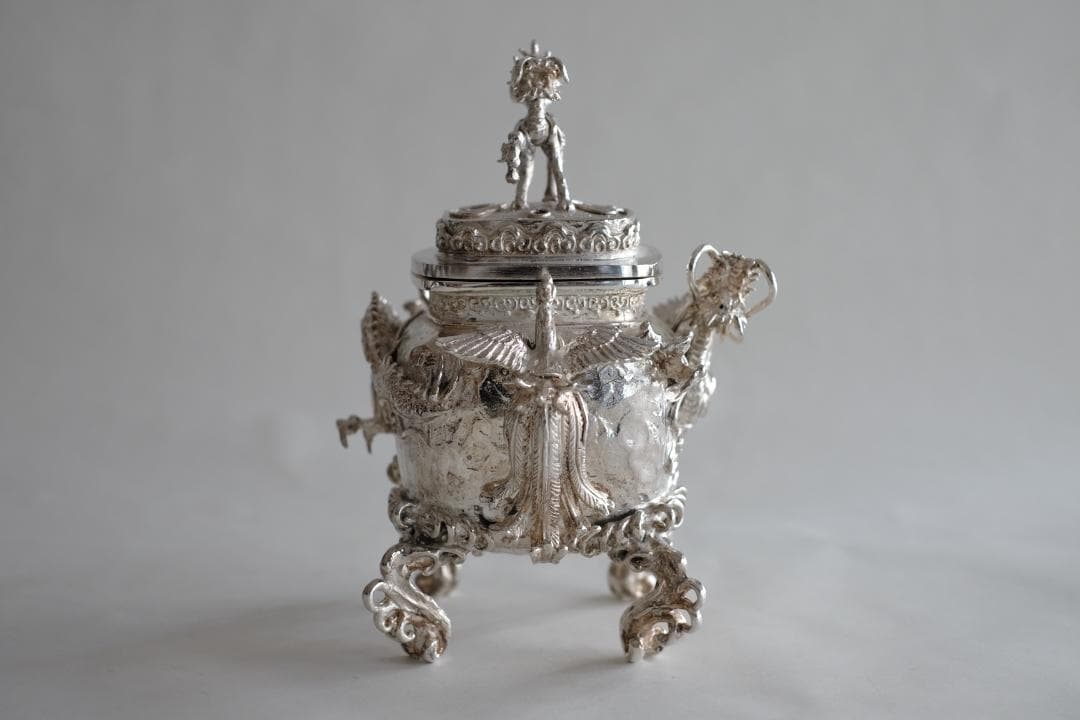 高岡銅器 須賀月芳作 洋銀 龍紋鳳凰耳青龍摘香炉 証書 共箱