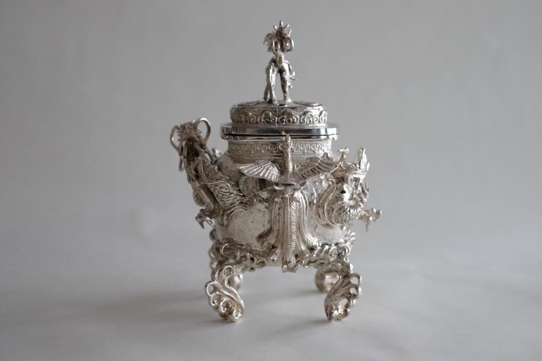 高岡銅器 須賀月芳作 洋銀 龍紋鳳凰耳青龍摘香炉 証書 共箱