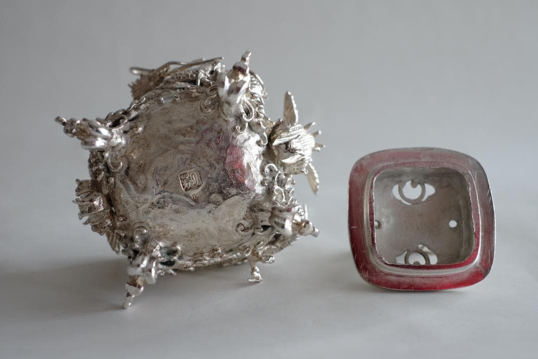 高岡銅器 須賀月芳作 洋銀 龍紋鳳凰耳青龍摘香炉 証書 共箱