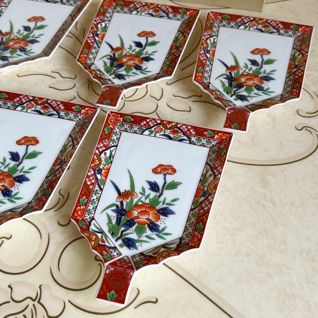 庫山窯　金彩赤絵花紋　瑞祥　羽子板皿　銘々皿揃　5枚セット　古伊万里　赤絵　正月