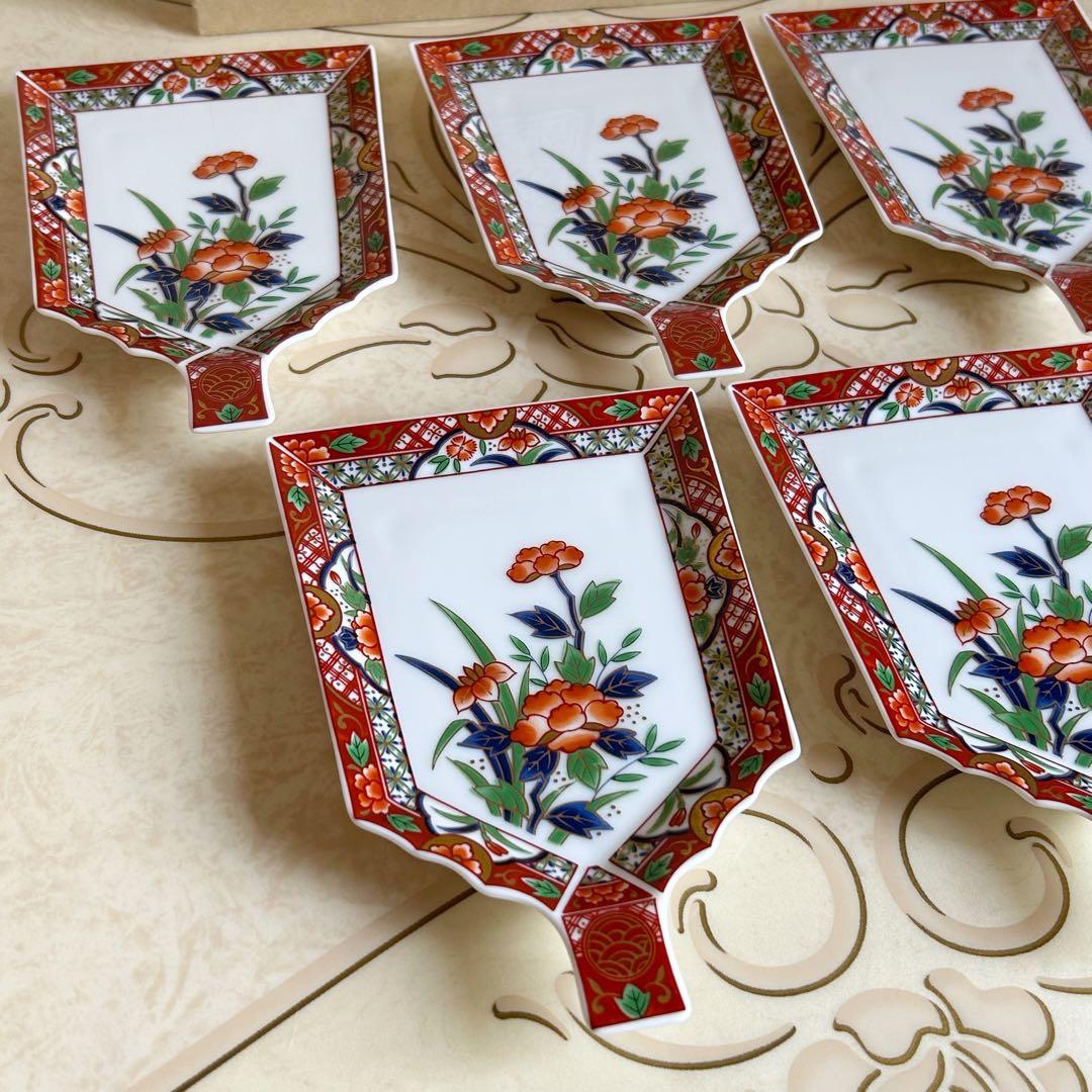 庫山窯　金彩赤絵花紋　瑞祥　羽子板皿　銘々皿揃　5枚セット　古伊万里　赤絵　正月