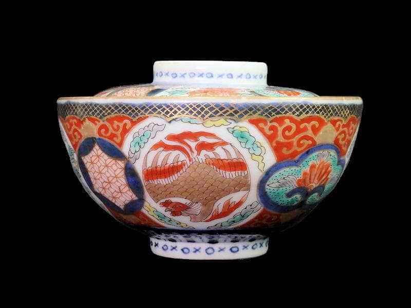 古伊万里　金襴手　鳳凰に牡丹の図　蓋茶碗　C002AS-fbrf