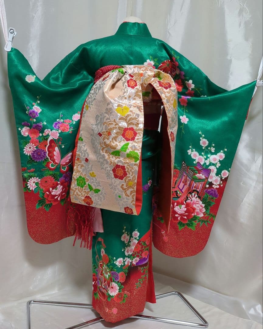 七五三　７歳　四つ身着物　御所車　鼓　 だらり帯　フルセット