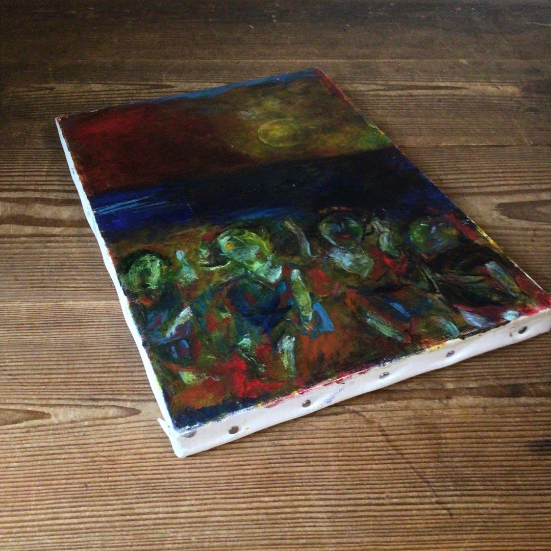 No4335油彩画　長縄えい子　F4号「浜の盆踊り」2006年　額なし　送料無料