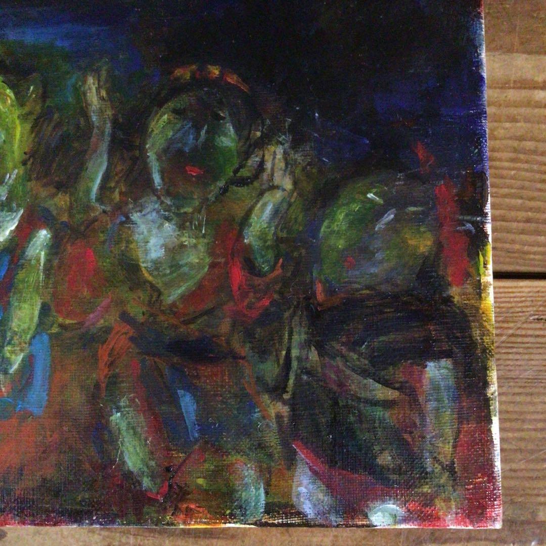 No4335油彩画　長縄えい子　F4号「浜の盆踊り」2006年　額なし　送料無料