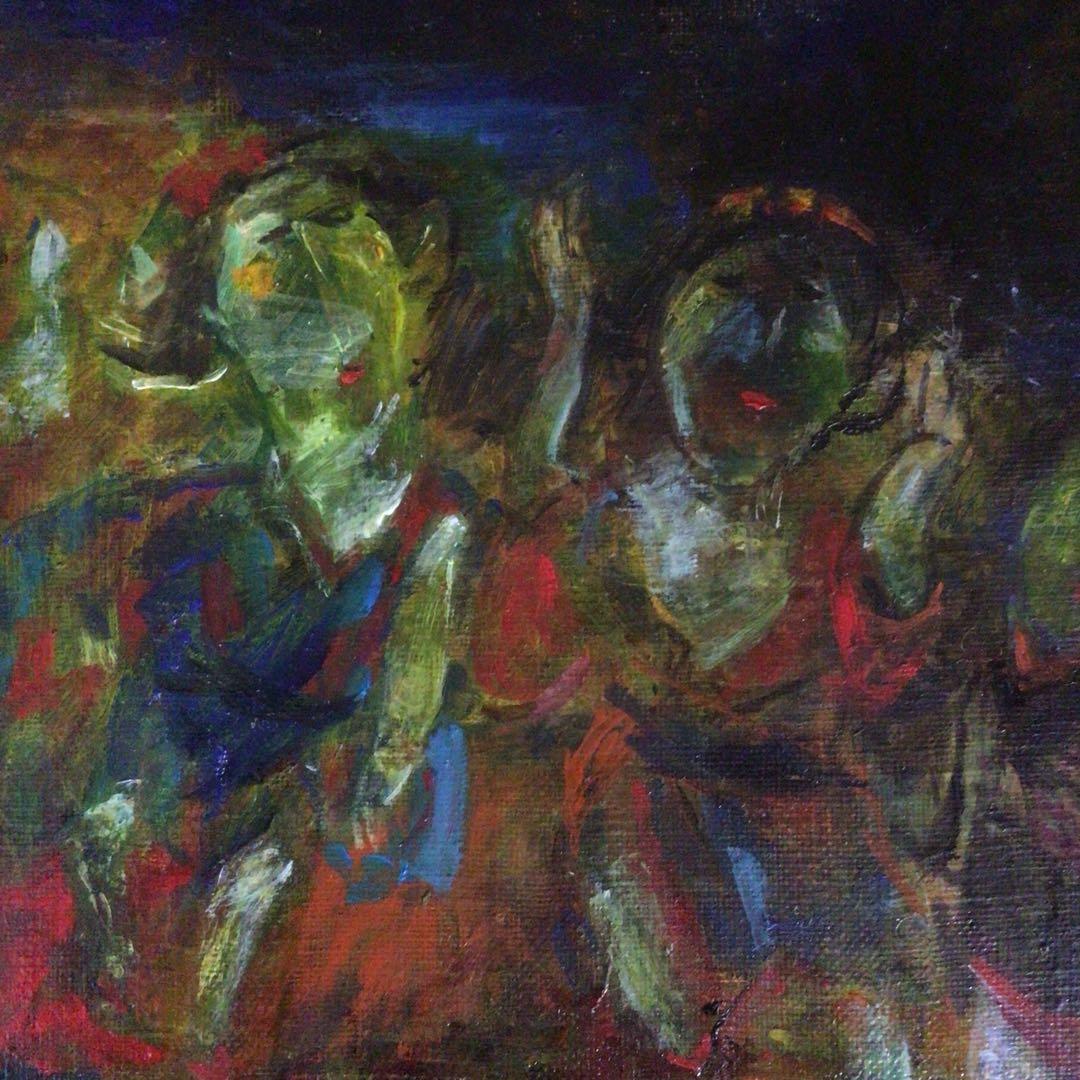 No4335油彩画　長縄えい子　F4号「浜の盆踊り」2006年　額なし　送料無料