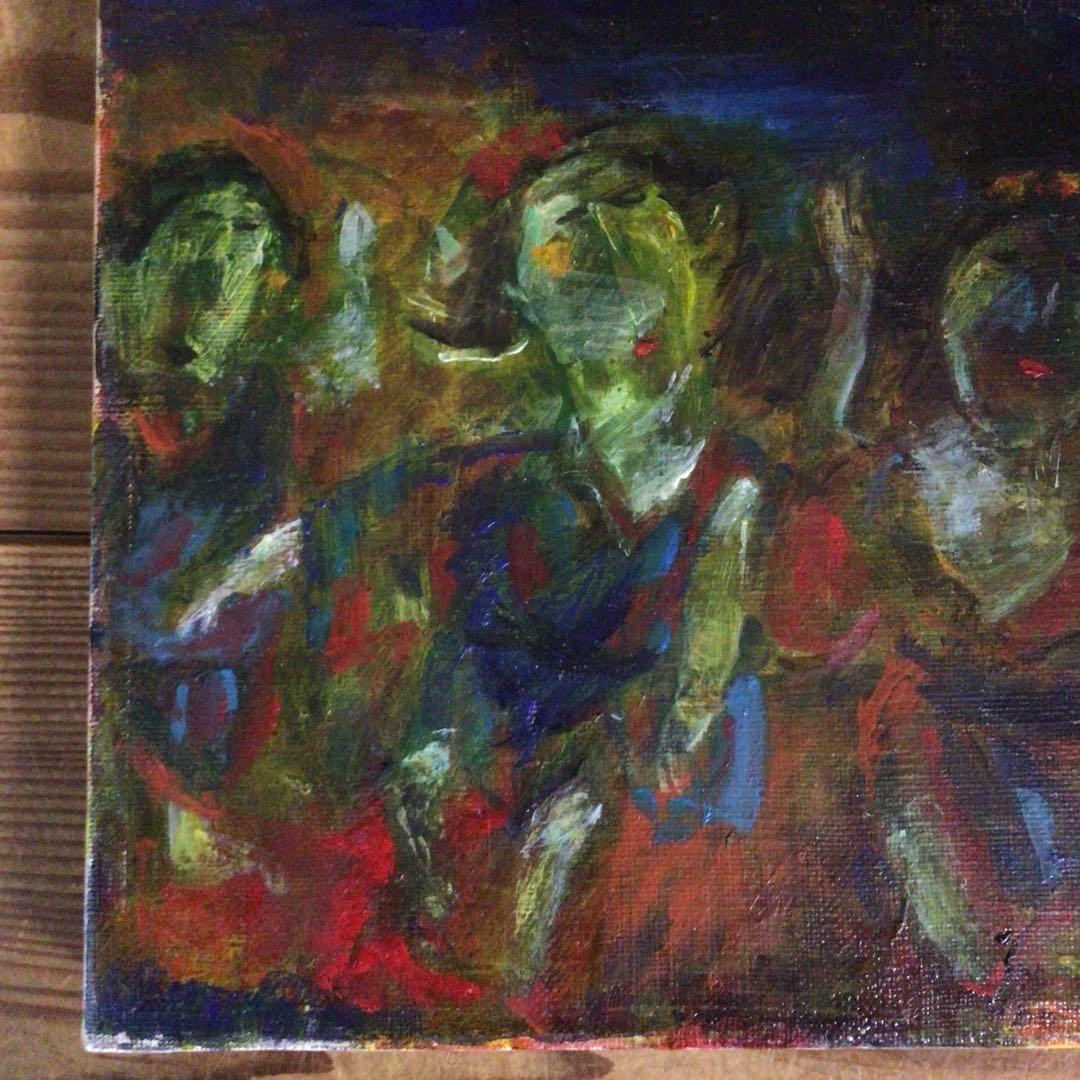 No4335油彩画　長縄えい子　F4号「浜の盆踊り」2006年　額なし　送料無料