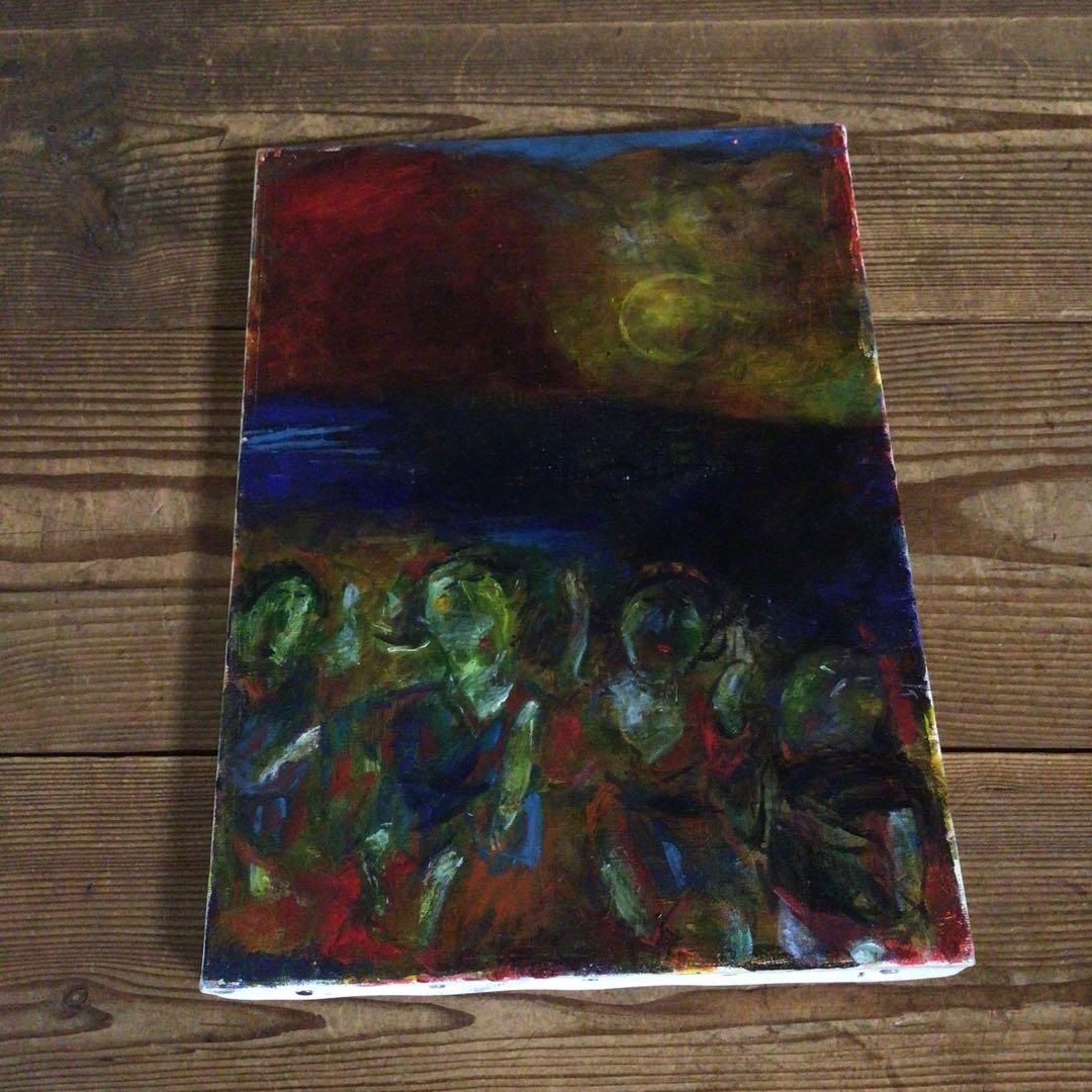 No4335油彩画　長縄えい子　F4号「浜の盆踊り」2006年　額なし　送料無料