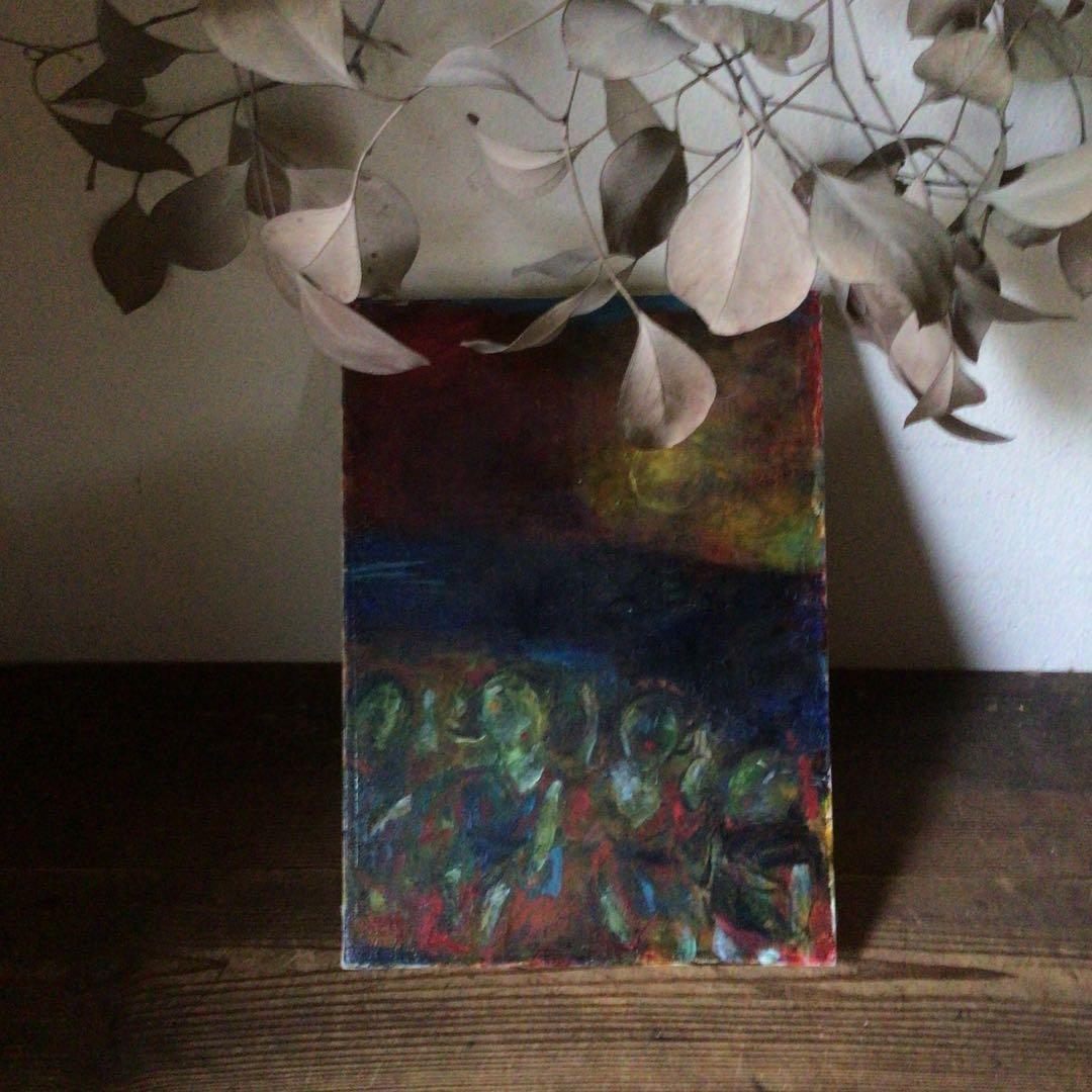 No4335油彩画　長縄えい子　F4号「浜の盆踊り」2006年　額なし　送料無料