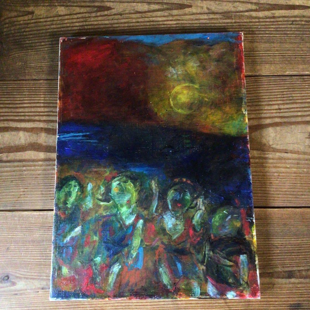 No4335油彩画　長縄えい子　F4号「浜の盆踊り」2006年　額なし　送料無料