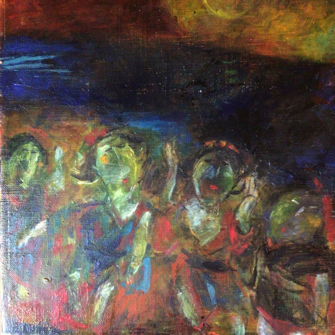 No4335油彩画　長縄えい子　F4号「浜の盆踊り」2006年　額なし　送料無料