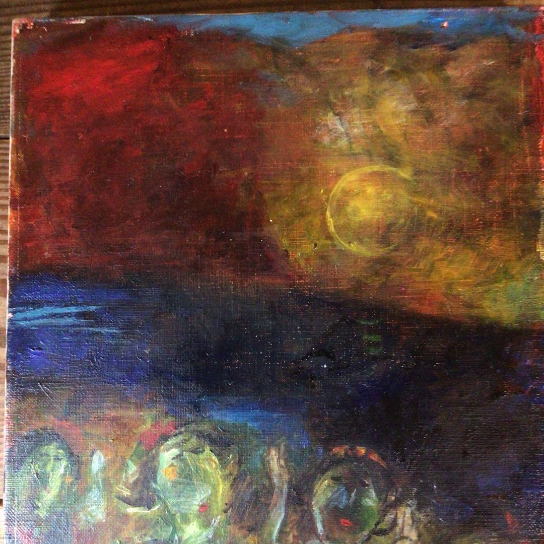 No4335油彩画　長縄えい子　F4号「浜の盆踊り」2006年　額なし　送料無料