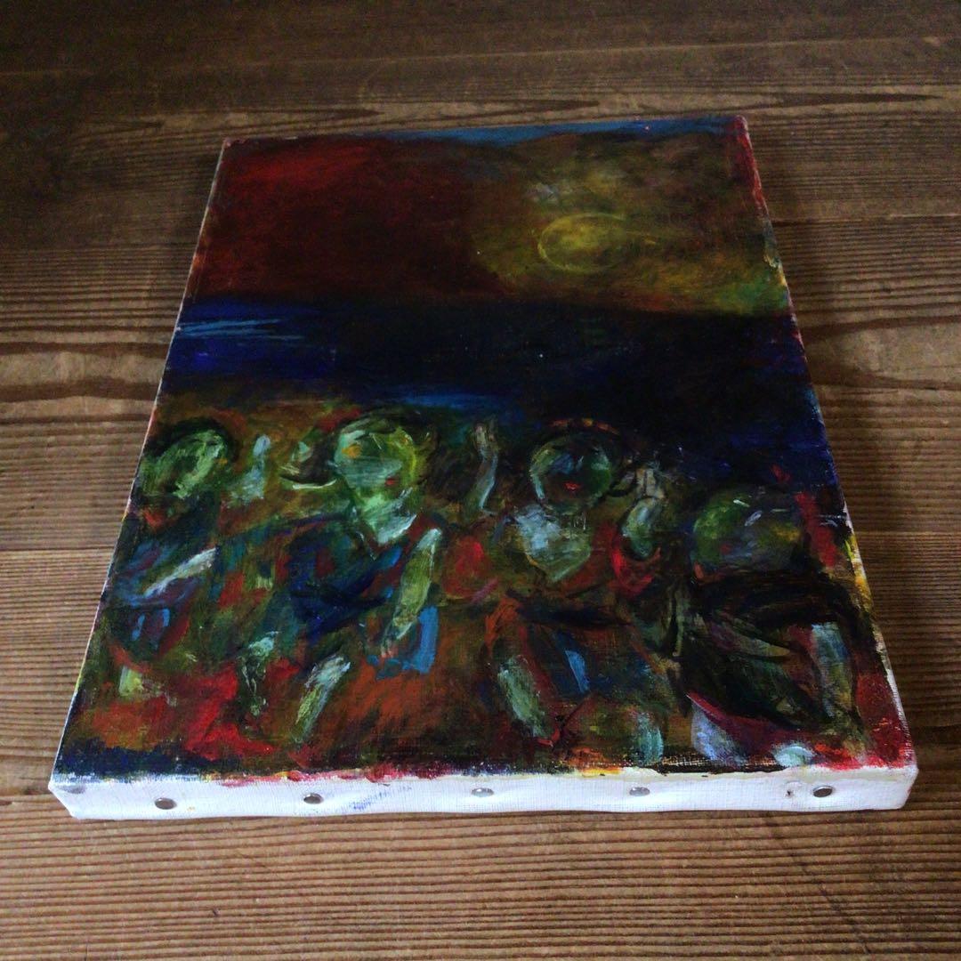 No4335油彩画　長縄えい子　F4号「浜の盆踊り」2006年　額なし　送料無料