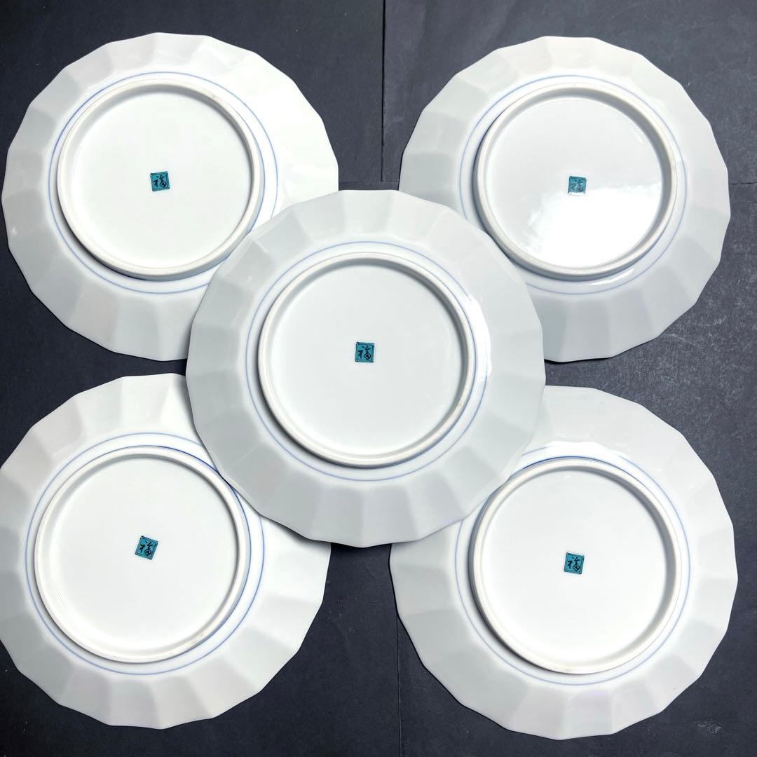 九谷焼　角福　花鳥図　和皿揃　５枚セット　中皿　輪花皿　色絵　花唐草　柘榴　和柄