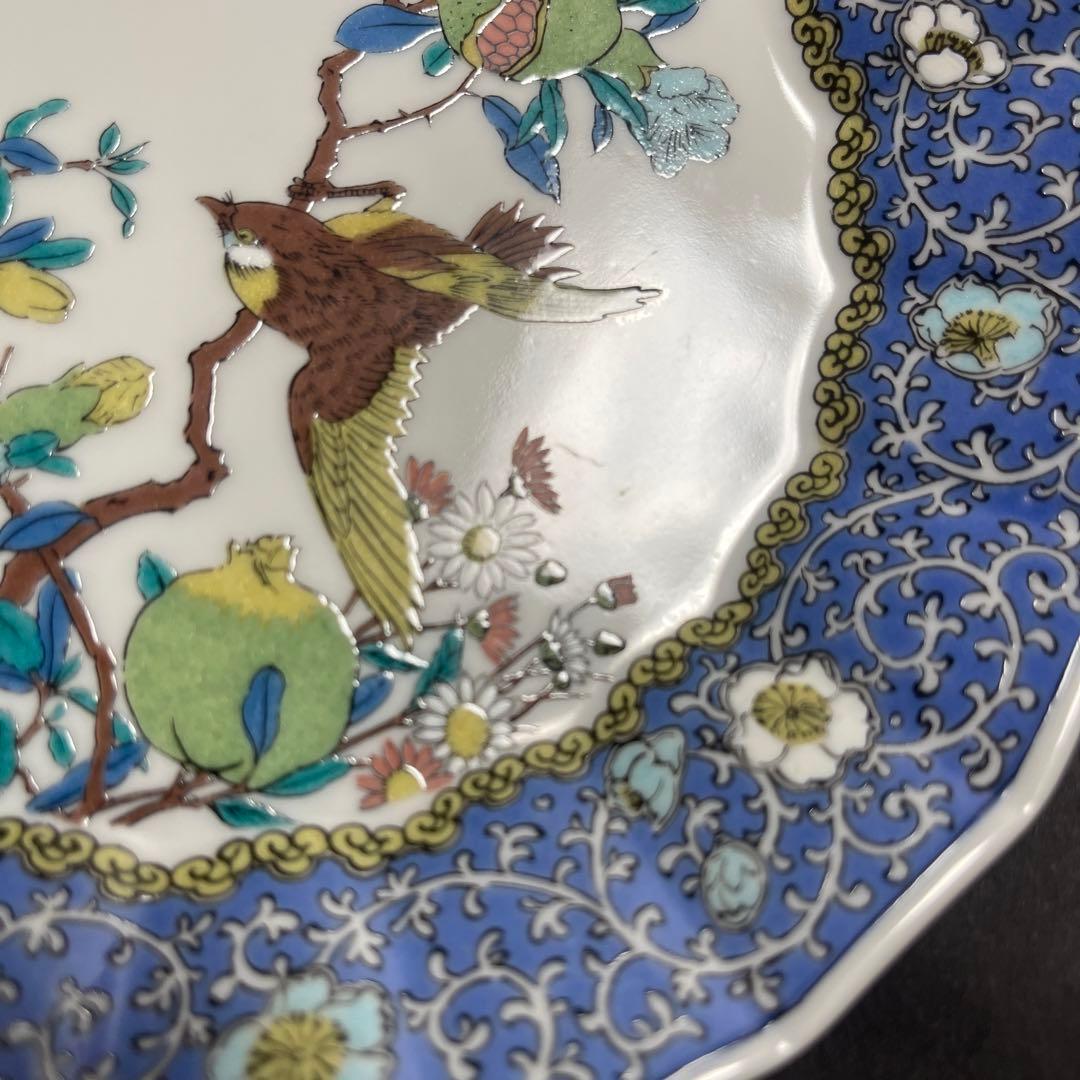 九谷焼　角福　花鳥図　和皿揃　５枚セット　中皿　輪花皿　色絵　花唐草　柘榴　和柄