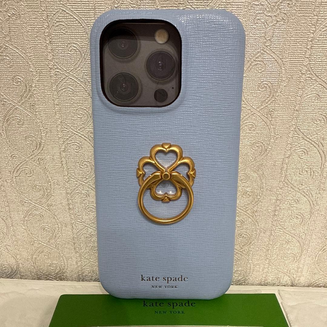 新品kate spade⭐️iPhone15PROリング付きスマホケース　水色
