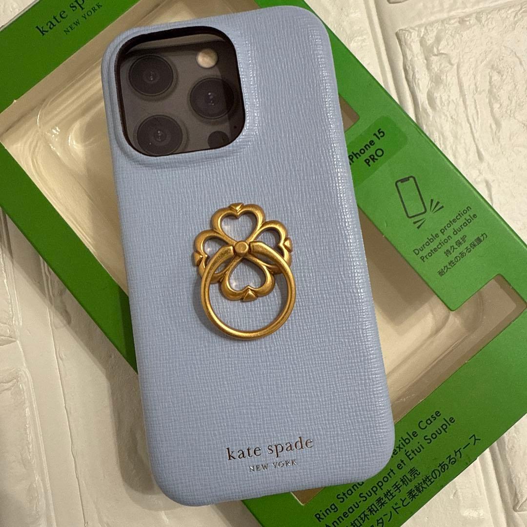 新品kate spade⭐️iPhone15PROリング付きスマホケース　水色