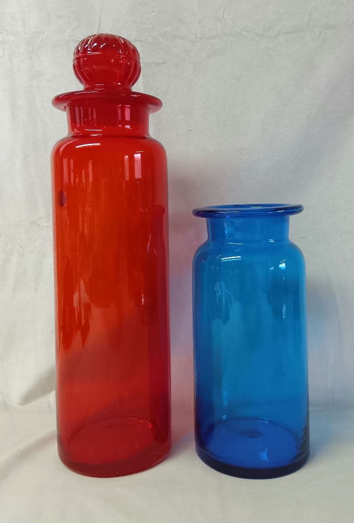 千代田硝子　蓋付ガラスキャニスター　フラワーベース　レトロ　アンティーク瓶　赤青