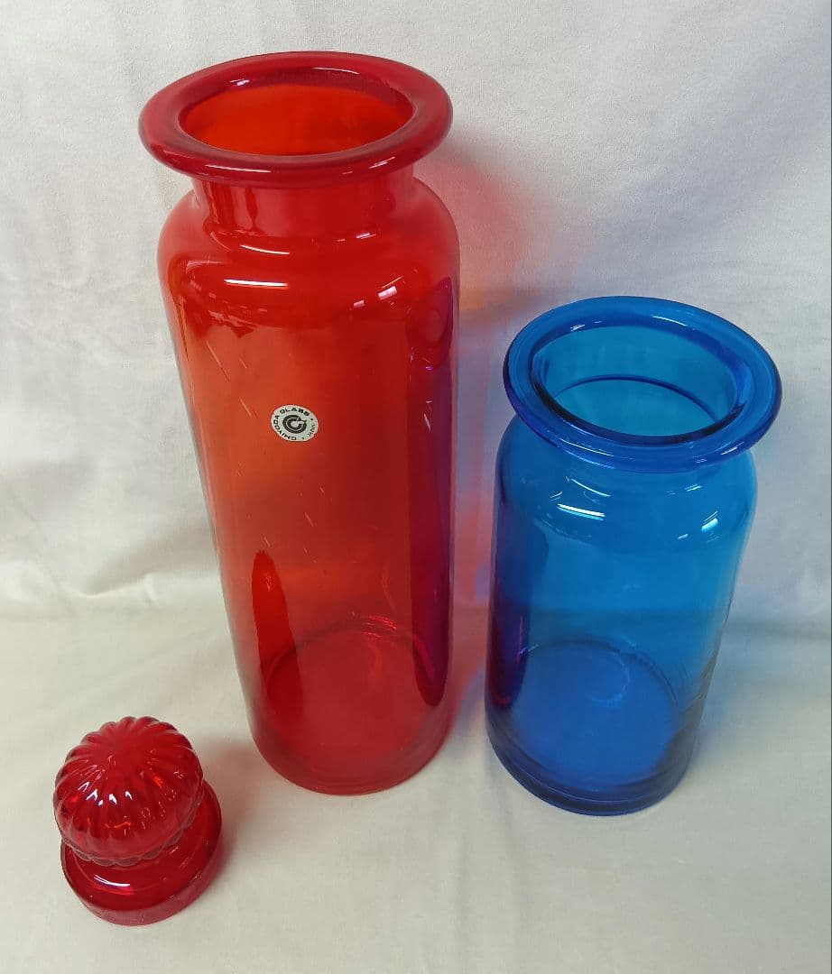 千代田硝子　蓋付ガラスキャニスター　フラワーベース　レトロ　アンティーク瓶　赤青