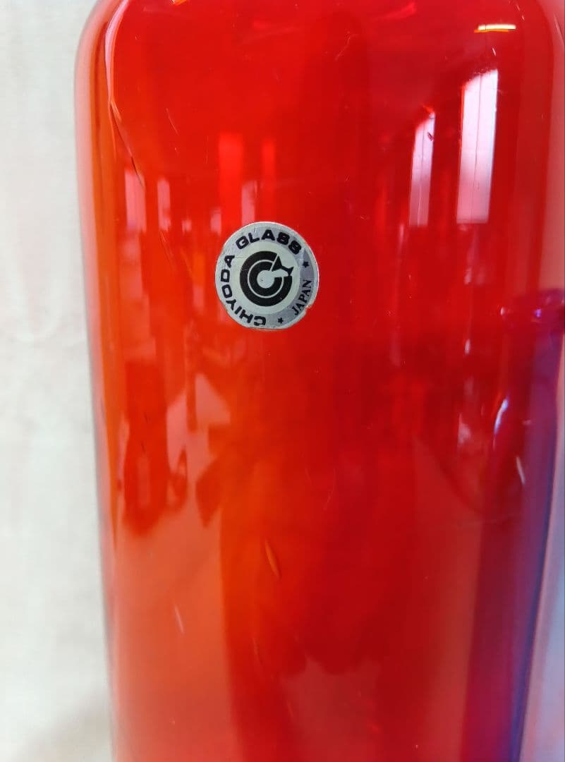 千代田硝子　蓋付ガラスキャニスター　フラワーベース　レトロ　アンティーク瓶　赤青