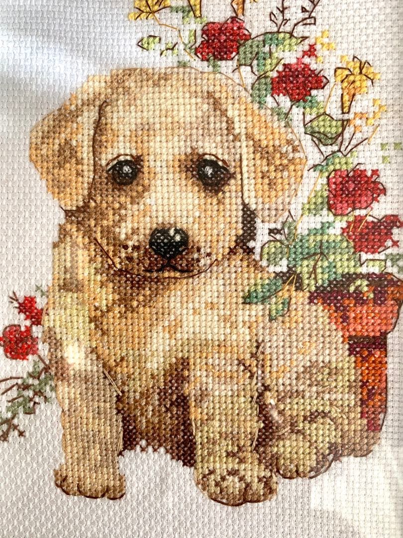 子犬　クロスステッチ完成品　刺繍　インテリア　ハンドメイド　犬