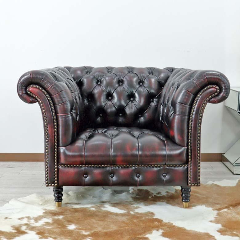チェスターフィールド 総革 1人がけソファ 革張り レッド アームチェア