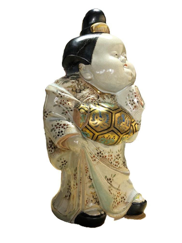 【 京清水焼骨董 金襴手お多福置物 】　仁清窯陶印　傷みあり