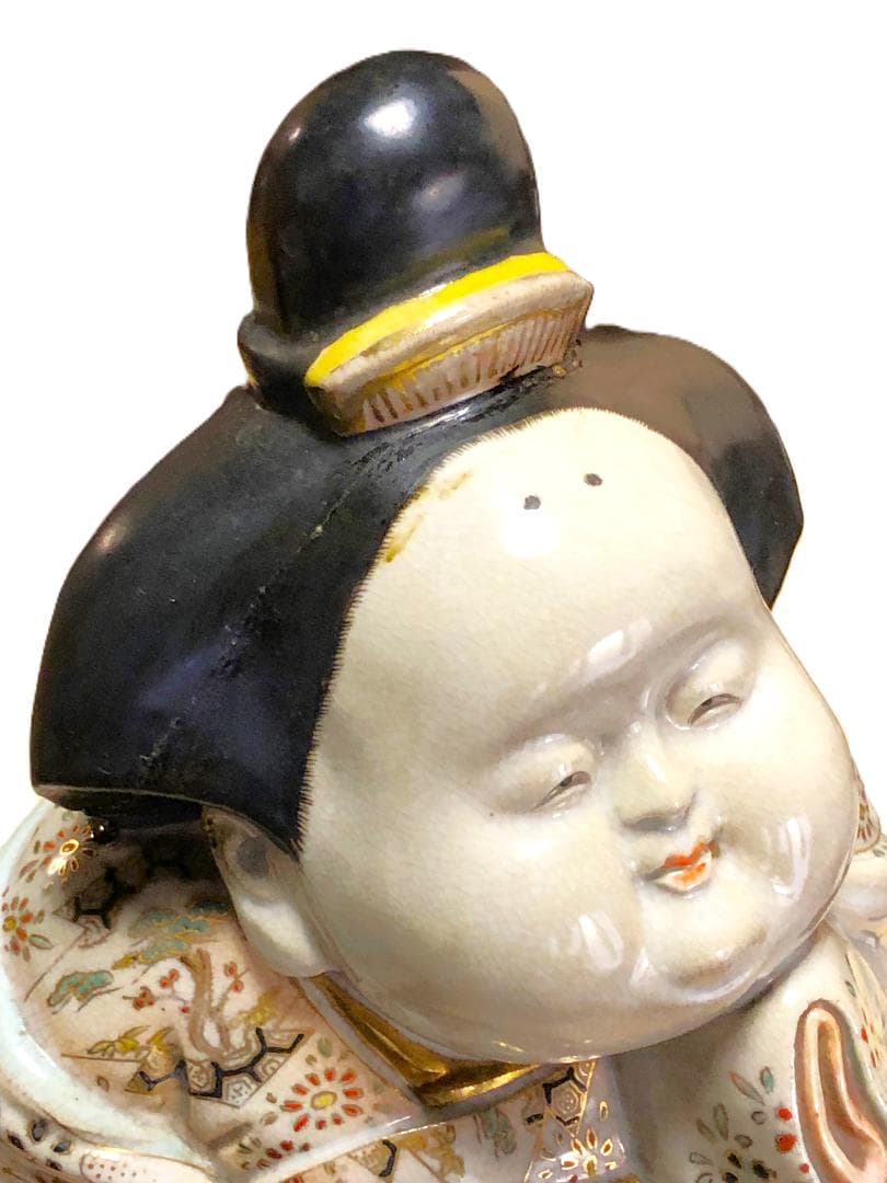 【 京清水焼骨董 金襴手お多福置物 】　仁清窯陶印　傷みあり