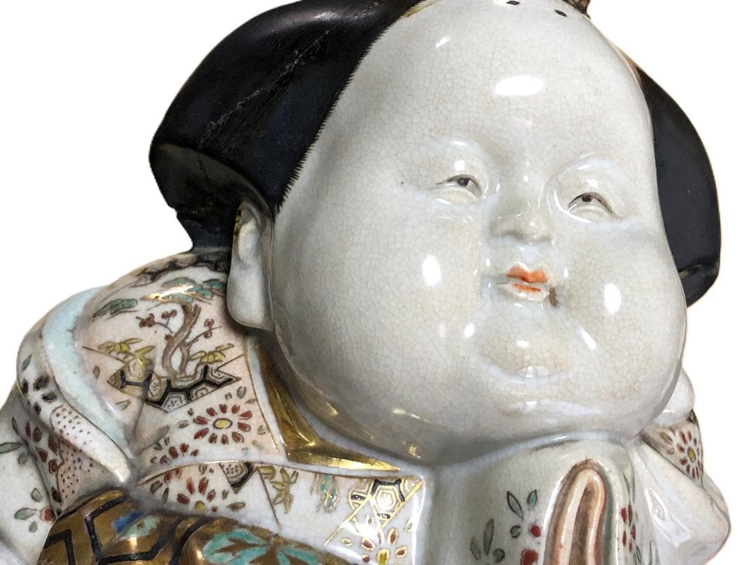 【 京清水焼骨董 金襴手お多福置物 】　仁清窯陶印　傷みあり