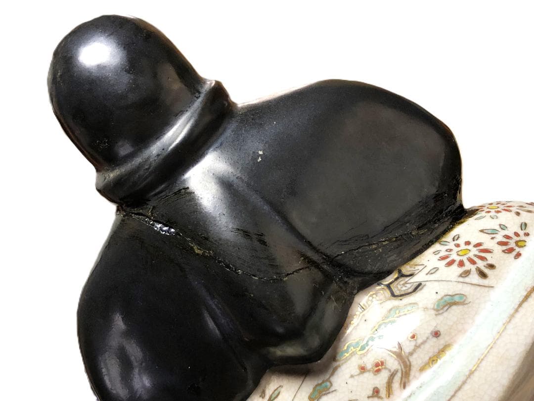 【 京清水焼骨董 金襴手お多福置物 】　仁清窯陶印　傷みあり