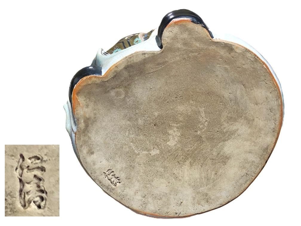 【 京清水焼骨董 金襴手お多福置物 】　仁清窯陶印　傷みあり