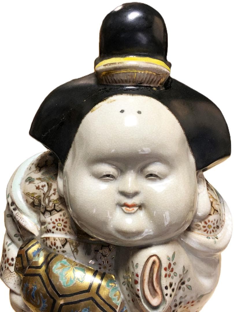 【 京清水焼骨董 金襴手お多福置物 】　仁清窯陶印　傷みあり