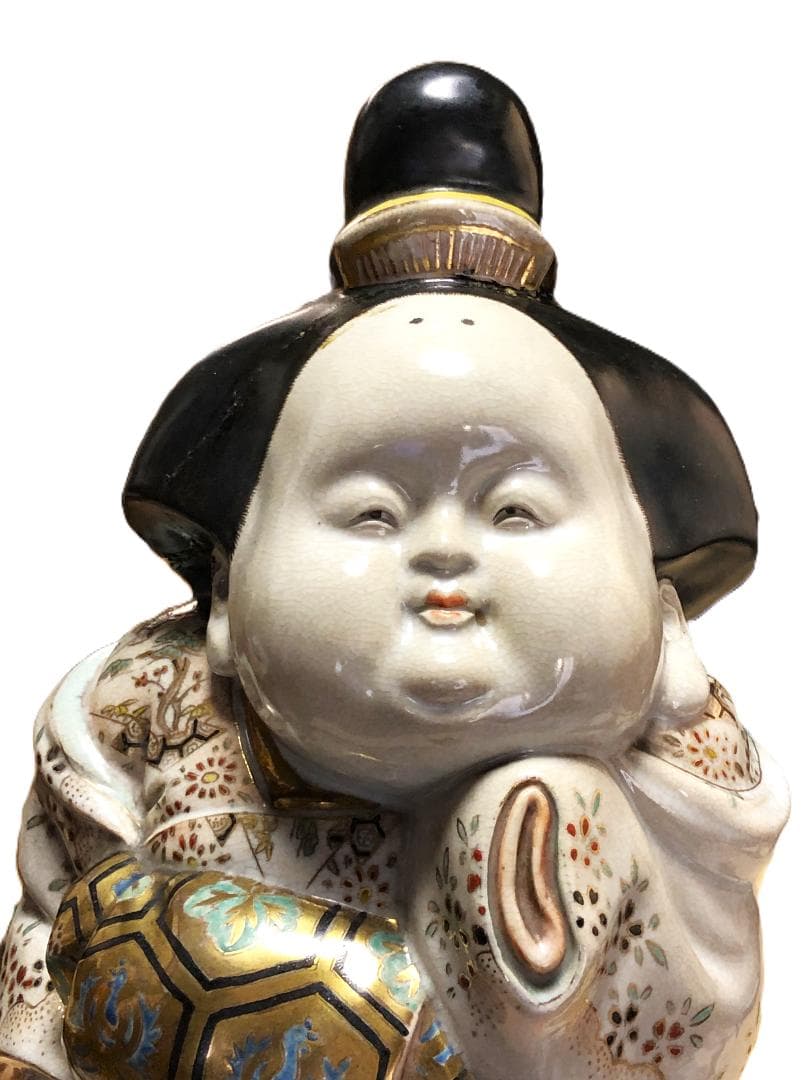 【 京清水焼骨董 金襴手お多福置物 】　仁清窯陶印　傷みあり