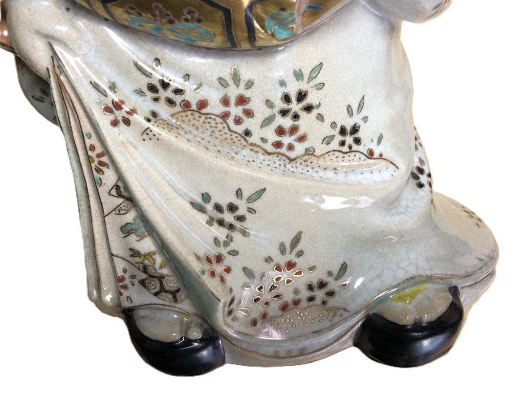 【 京清水焼骨董 金襴手お多福置物 】　仁清窯陶印　傷みあり