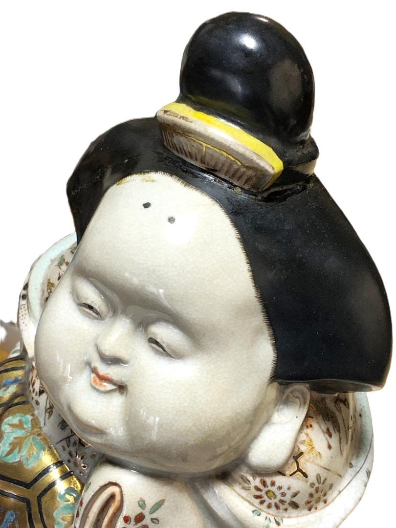 【 京清水焼骨董 金襴手お多福置物 】　仁清窯陶印　傷みあり