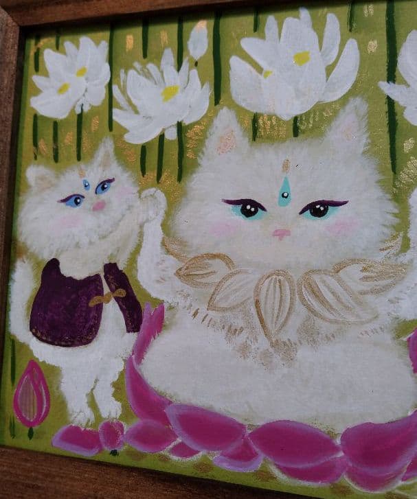 猫 絵画【蓮の上で三位一体！瞑想猫の世界】水彩画