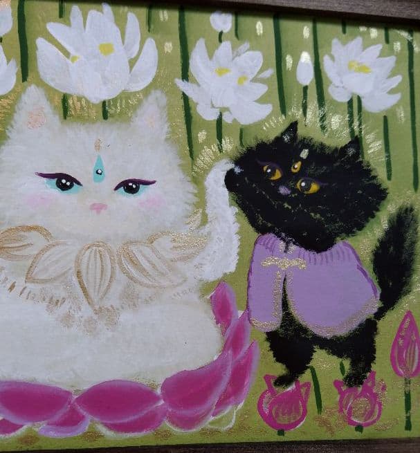 猫 絵画【蓮の上で三位一体！瞑想猫の世界】水彩画