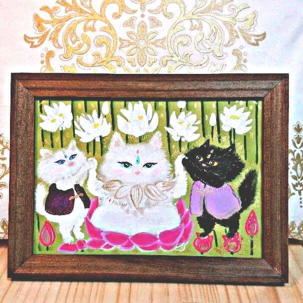 猫 絵画【蓮の上で三位一体！瞑想猫の世界】水彩画