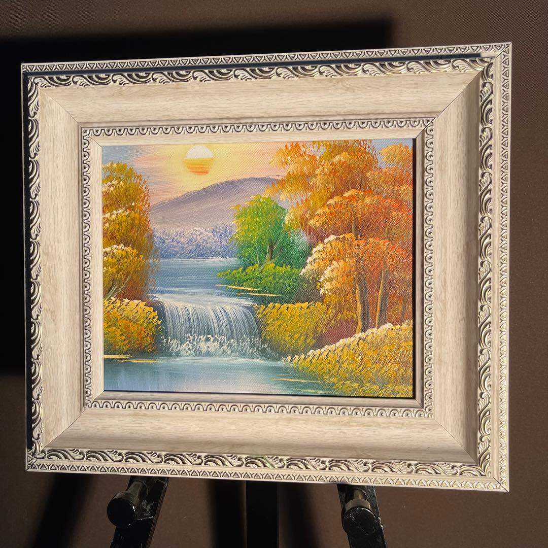 手書き油絵 山河と朝日 額付 絵画 インテリア 油彩画